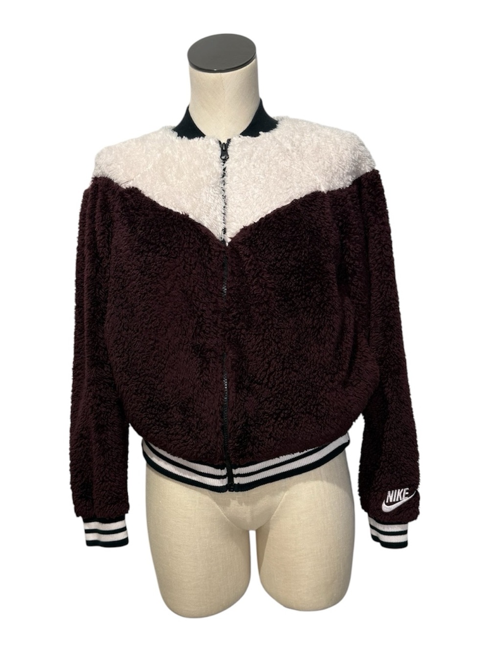 Nike Women’s Maroon and White Teddy Sherpa Bomber Jacket